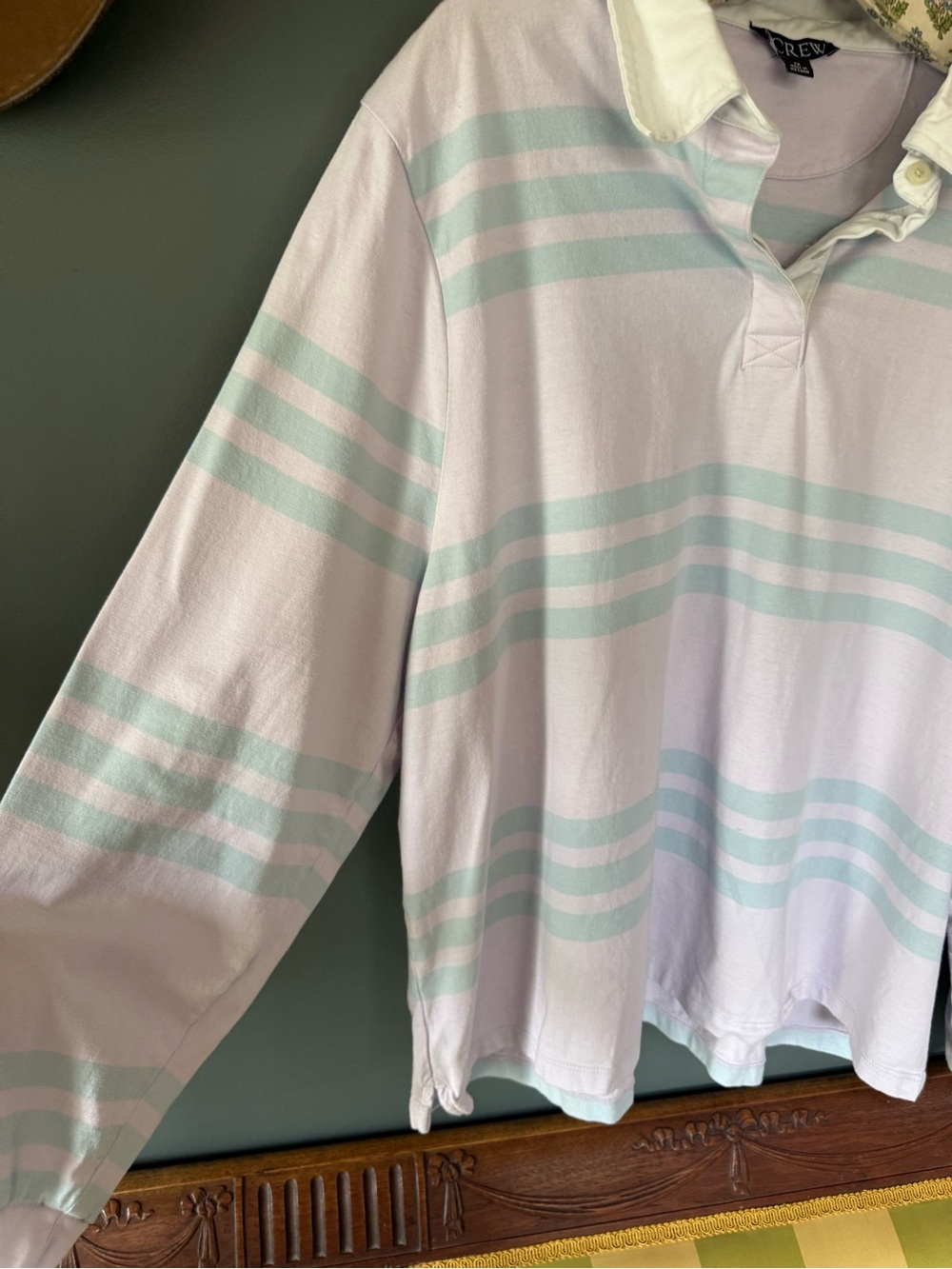 Vintage 90s J. Crew light Lavender Long-Sleeve Rugby Shirt with Mint Stripes